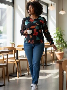 Chico's Black Floral Sweatshirt with Teal and Rust Accents